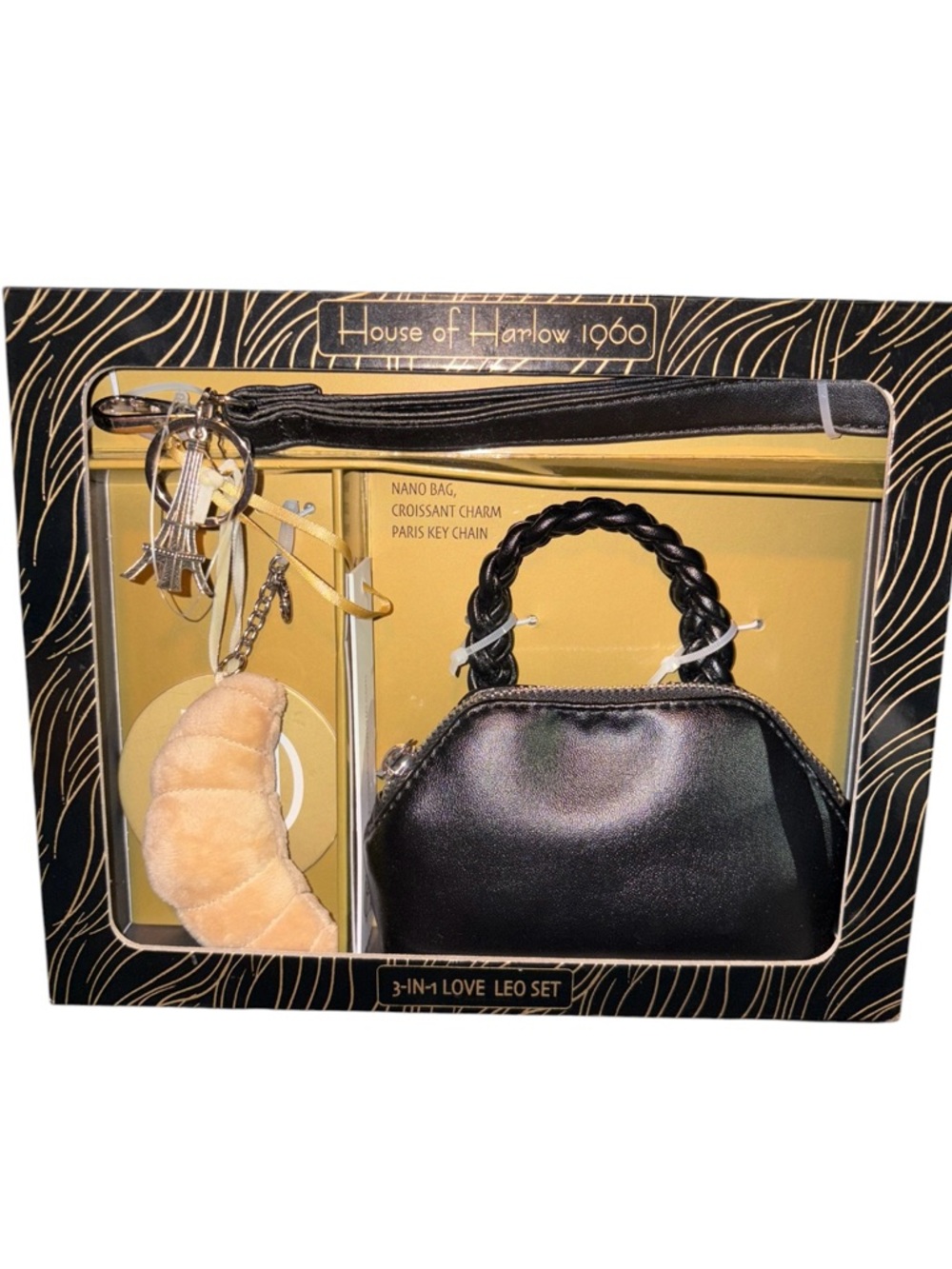 House of Harlow 1960 Black Mini Nano Bag with Tan Croissant Charm